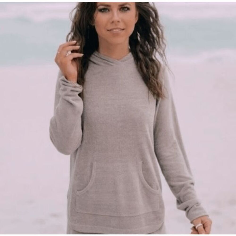 Barefoot Dreams CozyChic Ultra Lite Pullover Hoodie Taupe Stretchy Size Small